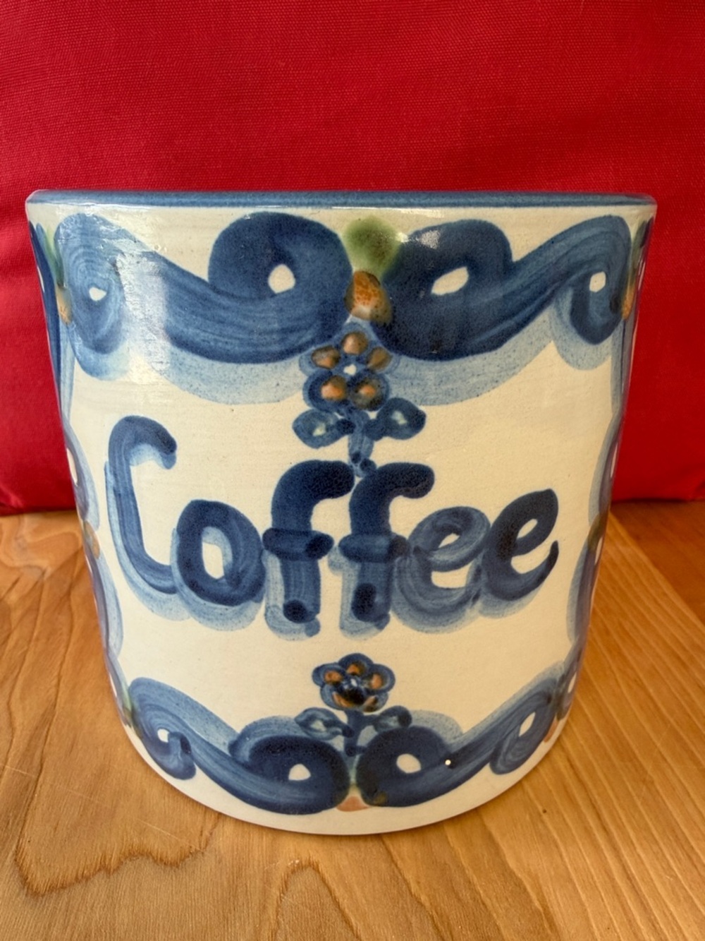 Hand-Painted Ceramic Coffee Canister in Blue and Cream